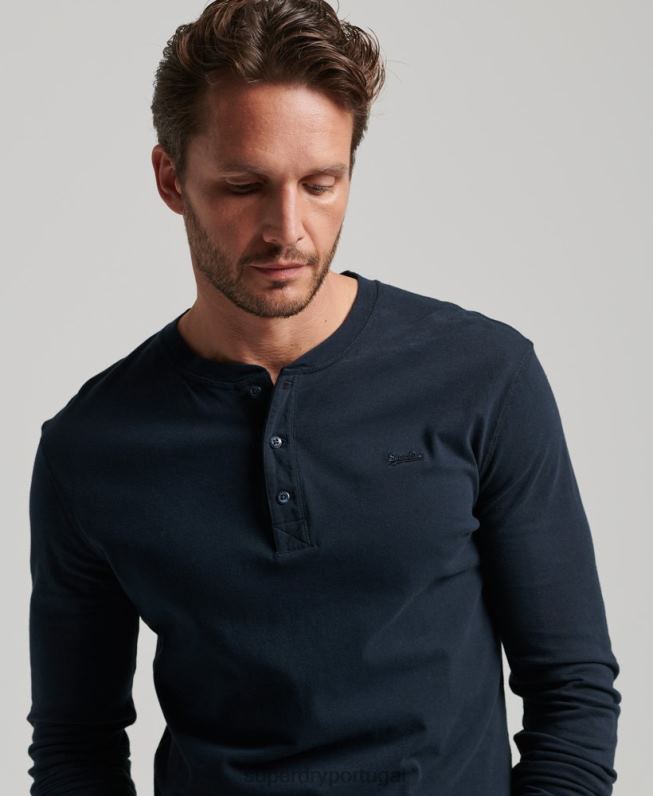 blusa henley vintage de algodão orgânico com logo bordado homens marinha roupas Superdry 2208H1457