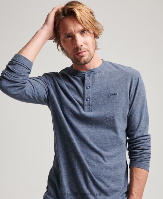 blusa henley vintage de algodão orgânico com logo bordado homens marinha roupas Superdry 2208H1525