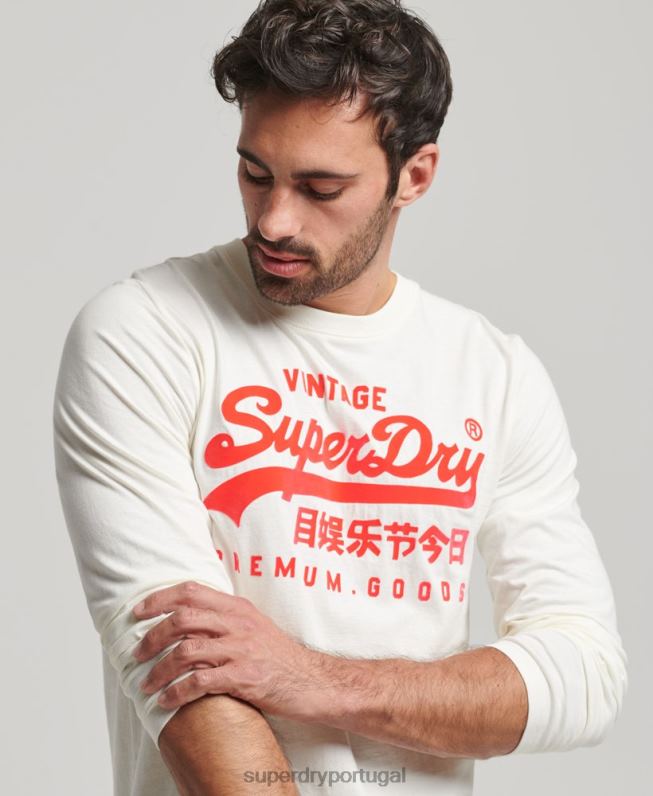 blusa manga longa neon logo vintage homens creme roupas Superdry 2208H1495