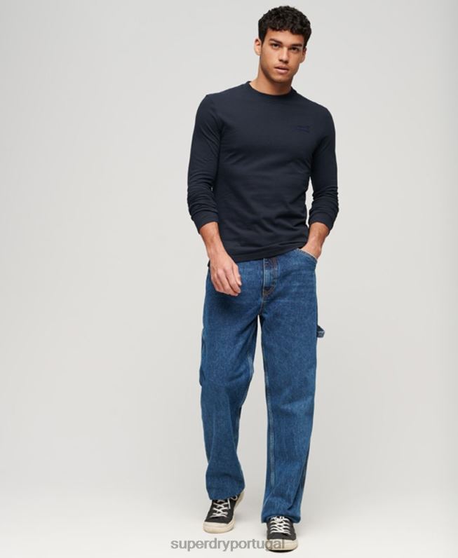 blusa vintage de algodão orgânico com logo bordado homens marinha roupas Superdry 2208H1462