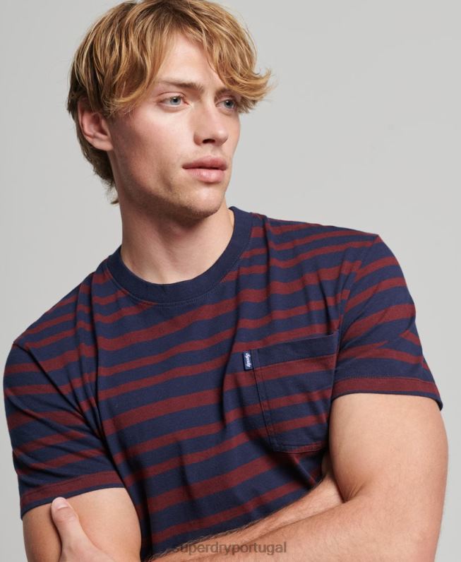 camiseta com listras de logo essencial de algodão orgânico homens marinha roupas Superdry 2208H4825