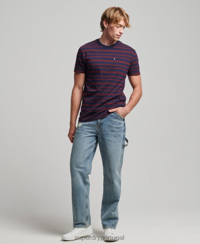 camiseta com listras de logo essencial de algodão orgânico homens marinha roupas Superdry 2208H4825