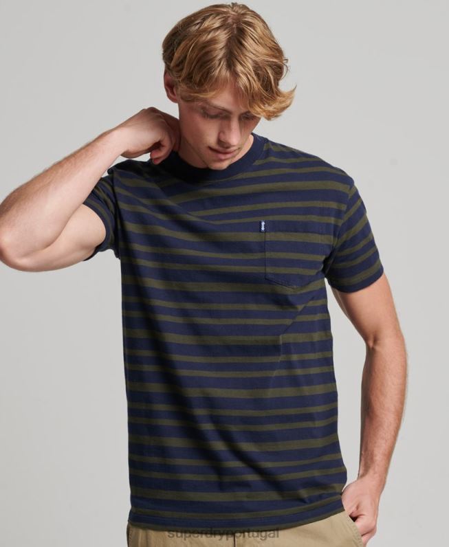 camiseta com listras de logo essencial de algodão orgânico homens marinha roupas Superdry 2208H4906