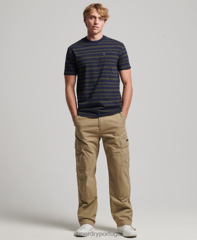 camiseta com listras de logo essencial de algodão orgânico homens marinha roupas Superdry 2208H4906