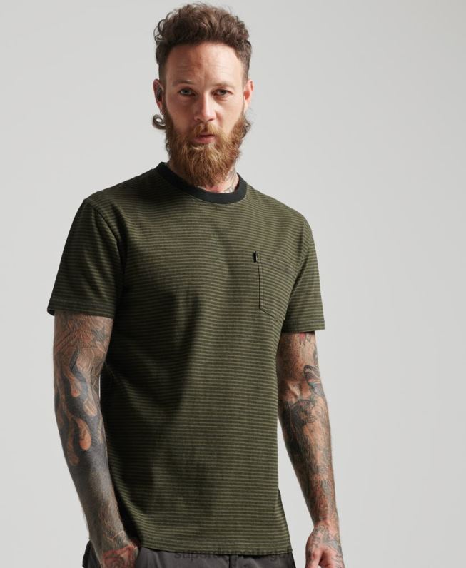 camiseta de bolso listrada de algodão orgânico homens verde roupas Superdry 2208H4882
