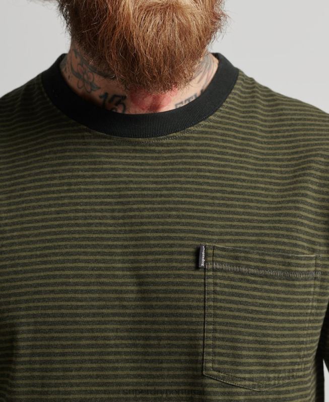camiseta de bolso listrada de algodão orgânico homens verde roupas Superdry 2208H4882