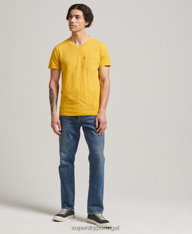 camiseta decote em bico de algodão orgânico com bolso homens amarelo roupas Superdry 2208H4801