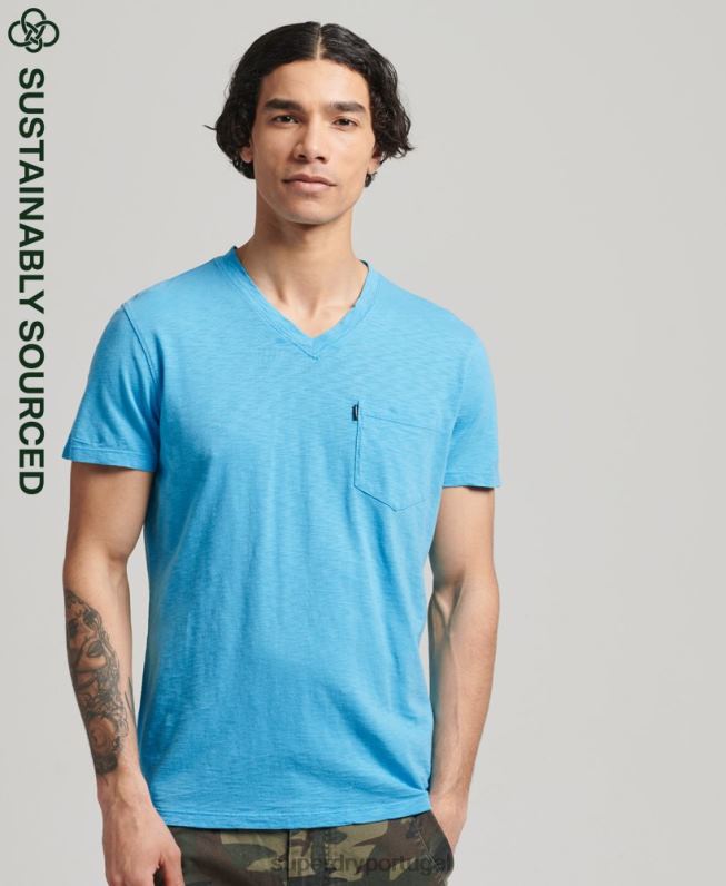 camiseta decote em bico de algodão orgânico com bolso homens azul claro roupas Superdry 2208H4919