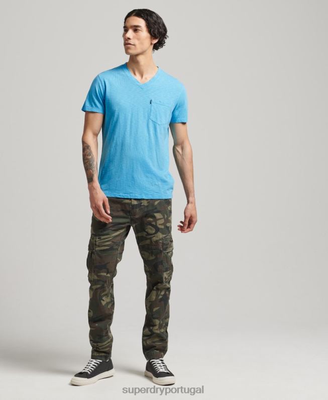 camiseta decote em bico de algodão orgânico com bolso homens azul claro roupas Superdry 2208H4919