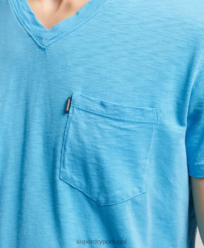 camiseta decote em bico de algodão orgânico com bolso homens azul claro roupas Superdry 2208H4919