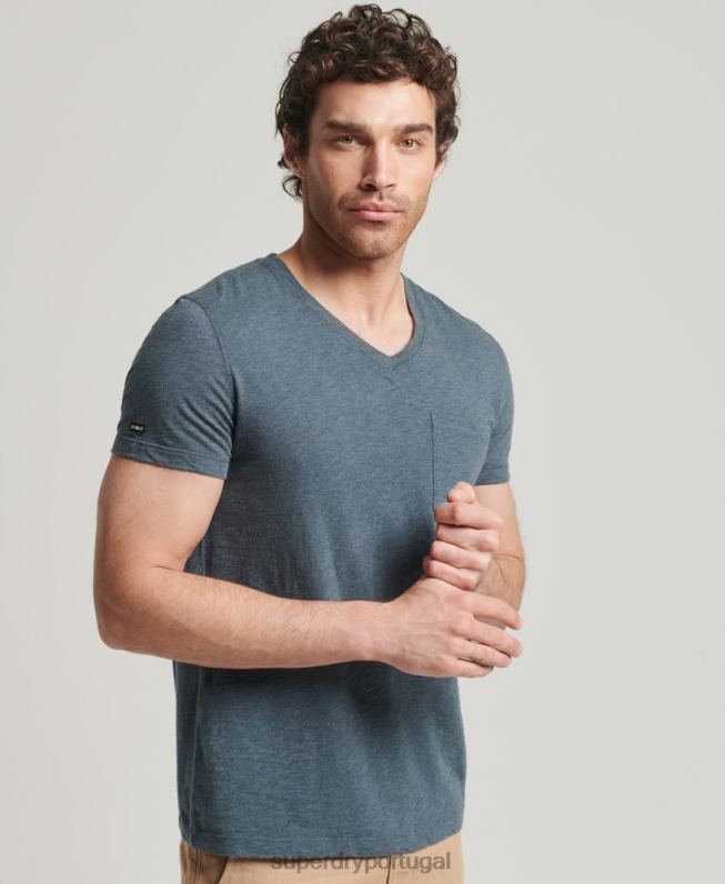 camiseta decote em bico de algodão orgânico com bolso homens azul roupas Superdry 2208H4819