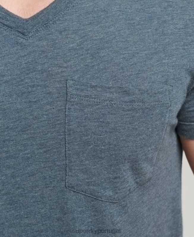 camiseta decote em bico de algodão orgânico com bolso homens azul roupas Superdry 2208H4819
