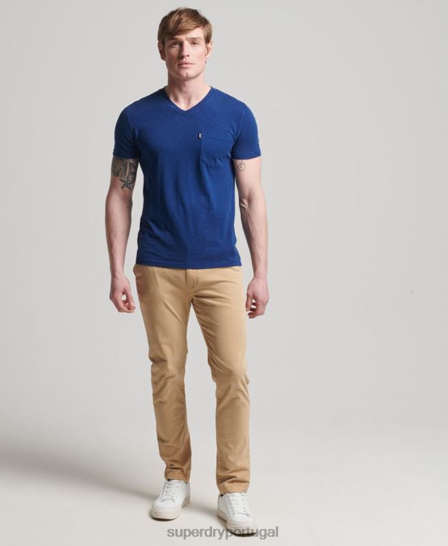 camiseta decote em bico de algodão orgânico com bolso homens azul roupas Superdry 2208H4877