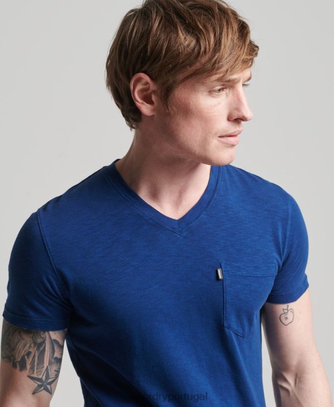 camiseta decote em bico de algodão orgânico com bolso homens azul roupas Superdry 2208H4877