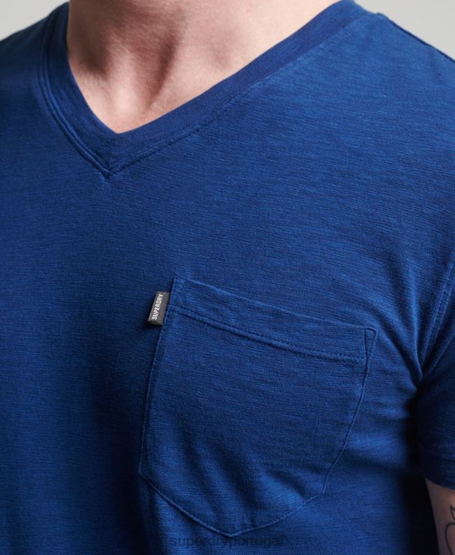 camiseta decote em bico de algodão orgânico com bolso homens azul roupas Superdry 2208H4877