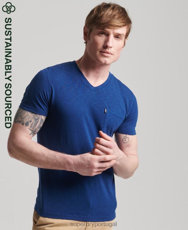 camiseta decote em bico de algodão orgânico com bolso homens azul roupas Superdry 2208H4877