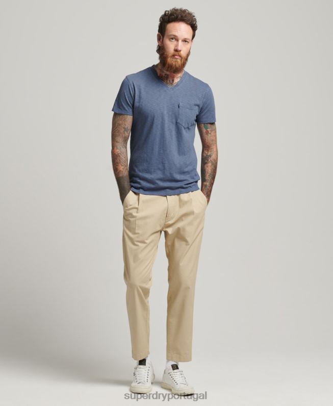 camiseta decote em bico de algodão orgânico com bolso homens azul roupas Superdry 2208H4936