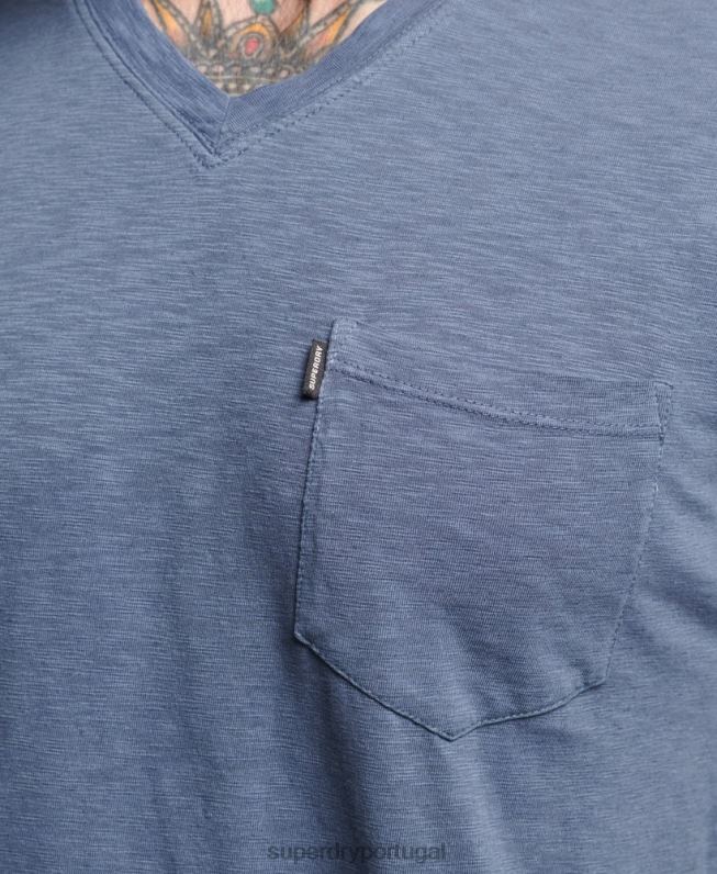 camiseta decote em bico de algodão orgânico com bolso homens azul roupas Superdry 2208H4936