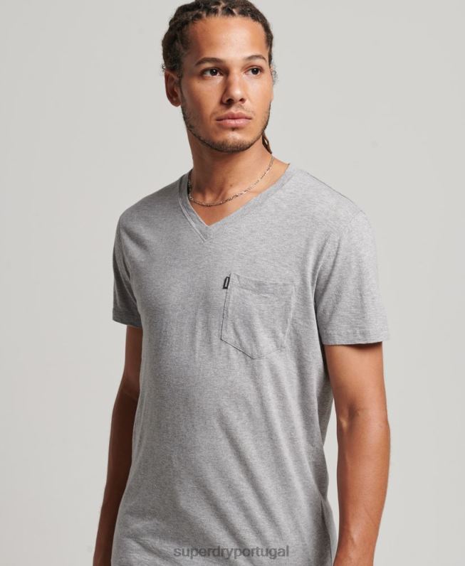 camiseta decote em bico de algodão orgânico com bolso homens cinza claro roupas Superdry 2208H4885