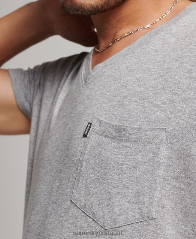 camiseta decote em bico de algodão orgânico com bolso homens cinza claro roupas Superdry 2208H4885