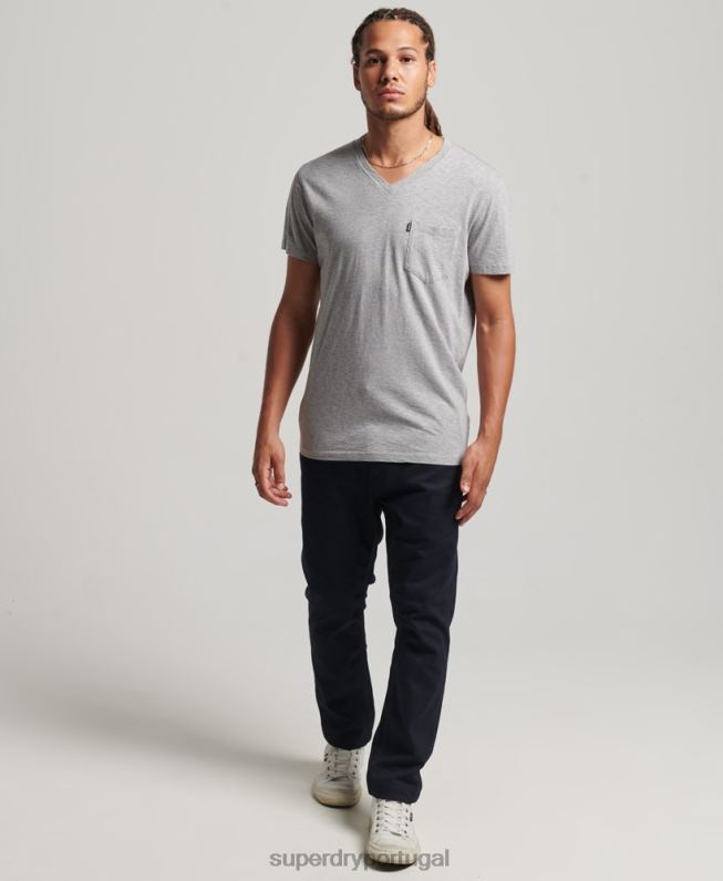 camiseta decote em bico de algodão orgânico com bolso homens cinza claro roupas Superdry 2208H4885