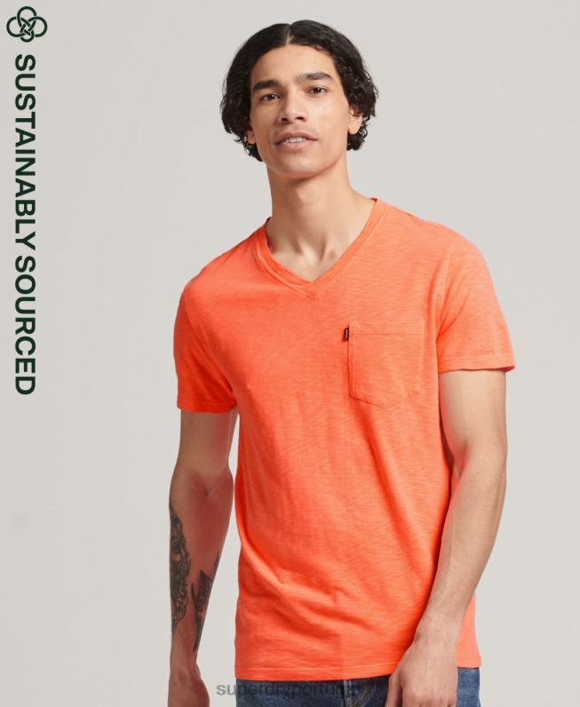 camiseta decote em bico de algodão orgânico com bolso homens coral roupas Superdry 2208H4863