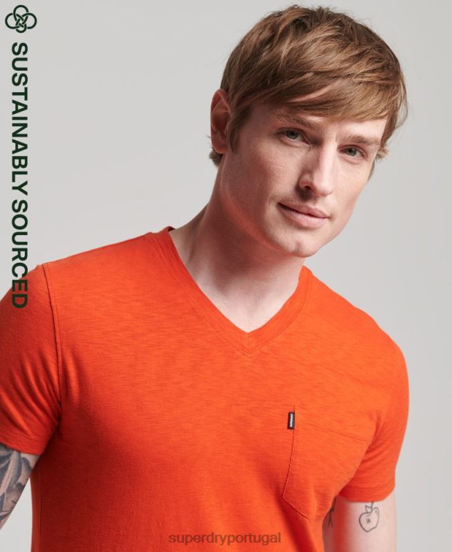 camiseta decote em bico de algodão orgânico com bolso homens laranja roupas Superdry 2208H4810