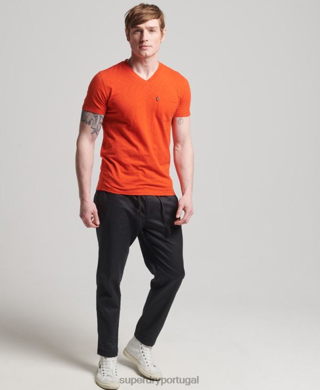 camiseta decote em bico de algodão orgânico com bolso homens laranja roupas Superdry 2208H4810