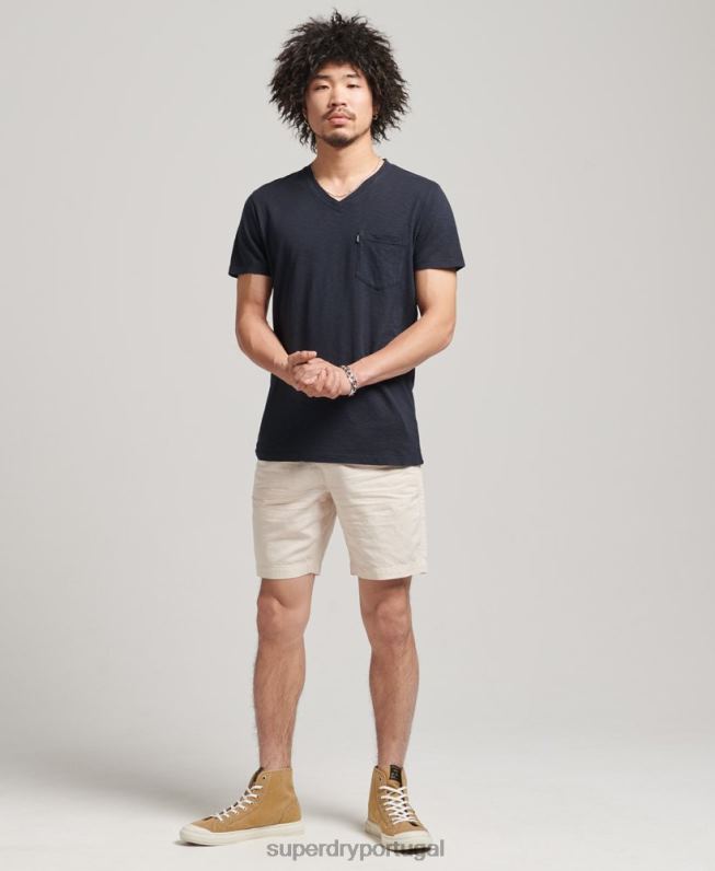 camiseta decote em bico de algodão orgânico com bolso homens marinha roupas Superdry 2208H4807