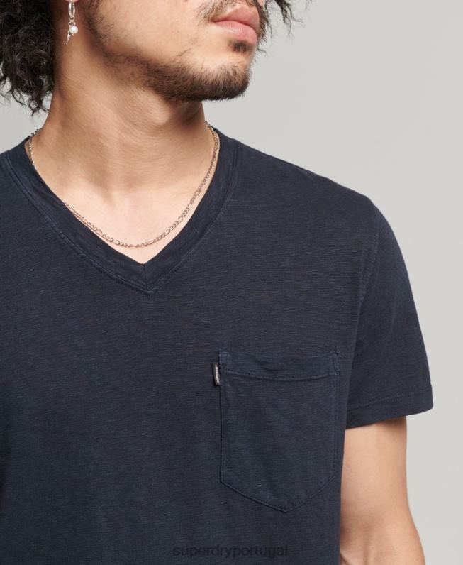 camiseta decote em bico de algodão orgânico com bolso homens marinha roupas Superdry 2208H4807