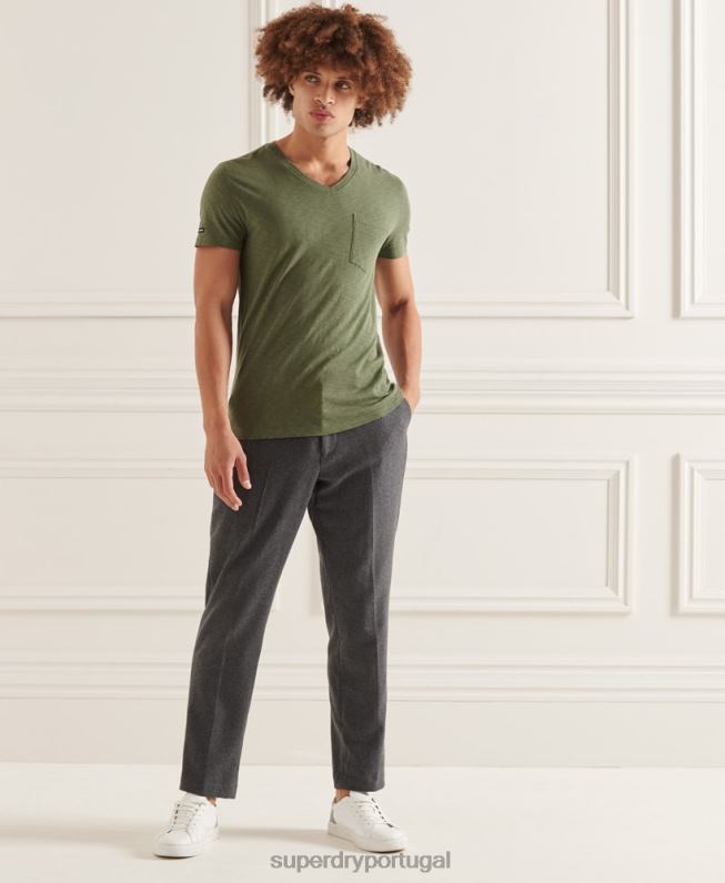 camiseta decote em bico de algodão orgânico com bolso homens verde roupas Superdry 2208H4846