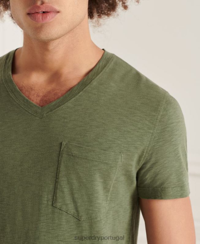 camiseta decote em bico de algodão orgânico com bolso homens verde roupas Superdry 2208H4846