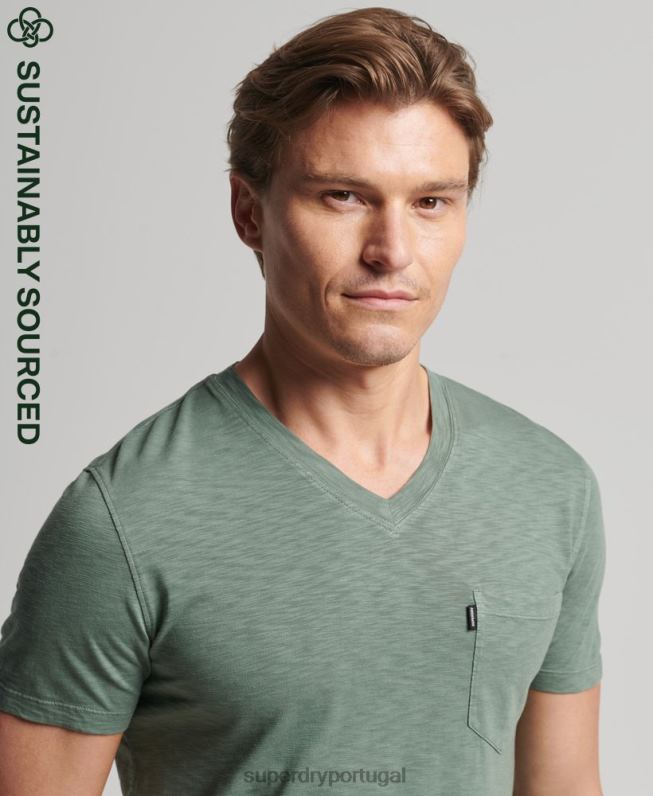 camiseta decote em bico de algodão orgânico com bolso homens verde roupas Superdry 2208H4857