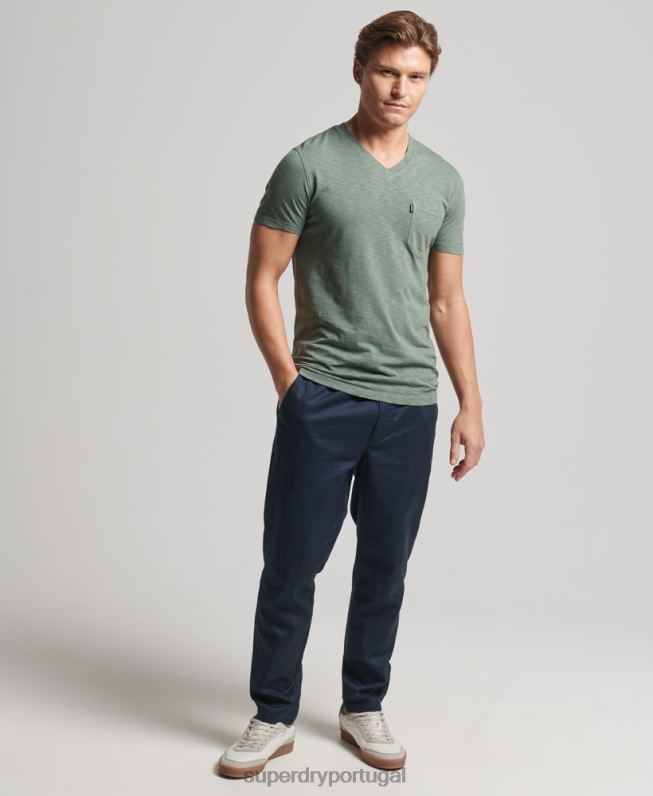 camiseta decote em bico de algodão orgânico com bolso homens verde roupas Superdry 2208H4857