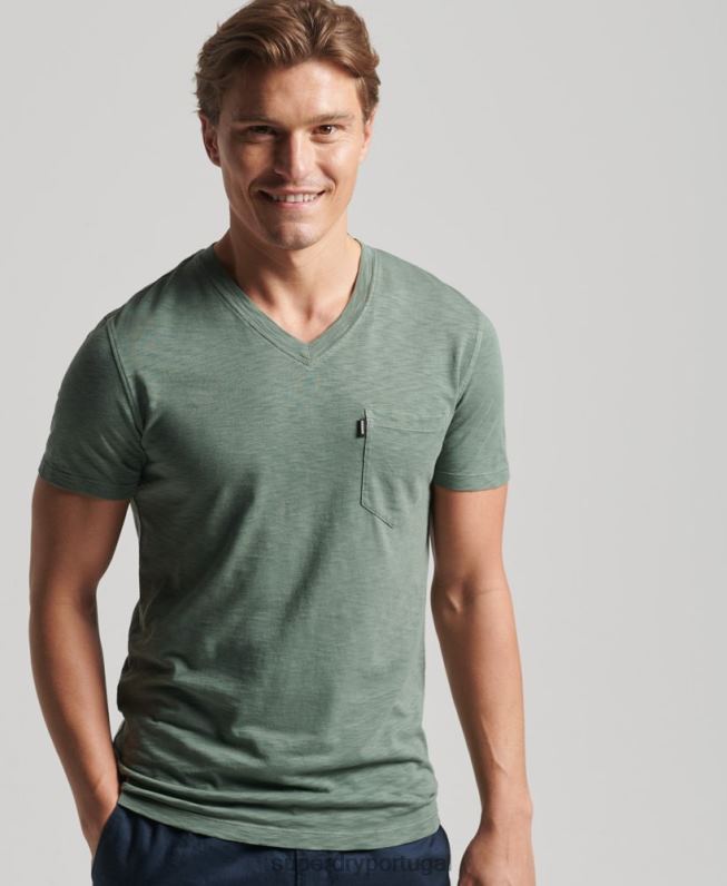 camiseta decote em bico de algodão orgânico com bolso homens verde roupas Superdry 2208H4857