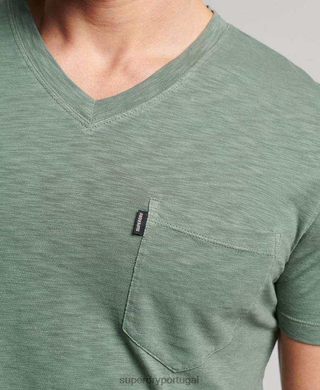 camiseta decote em bico de algodão orgânico com bolso homens verde roupas Superdry 2208H4857