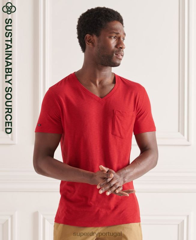 camiseta decote em bico de algodão orgânico com bolso homens vermelho roupas Superdry 2208H4834