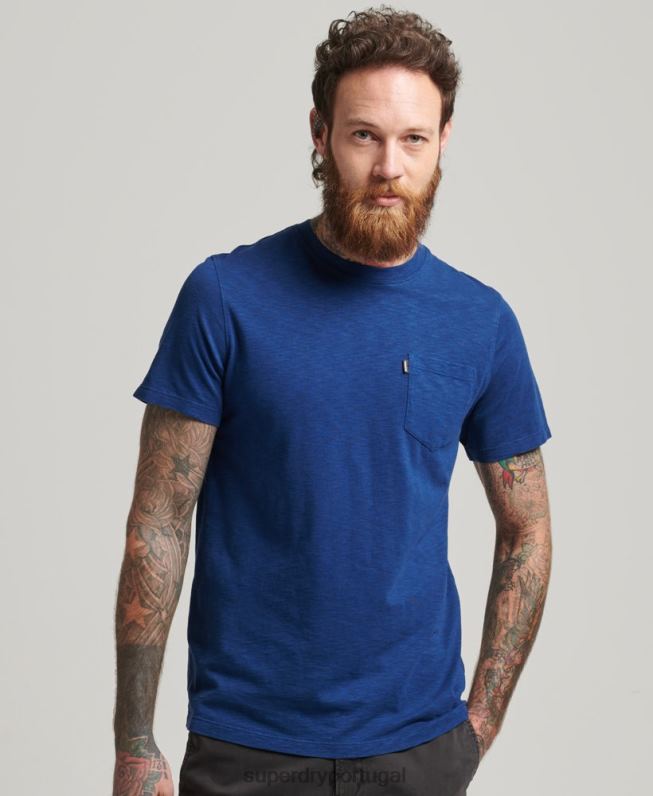 camiseta gola redonda de algodão orgânico com bolso homens azul roupas Superdry 2208H4884