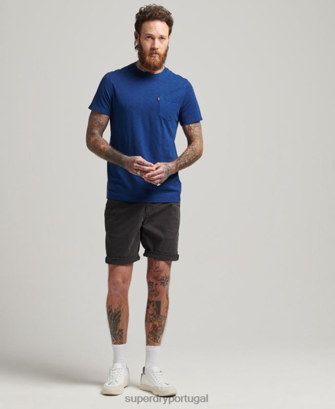 camiseta gola redonda de algodão orgânico com bolso homens azul roupas Superdry 2208H4884
