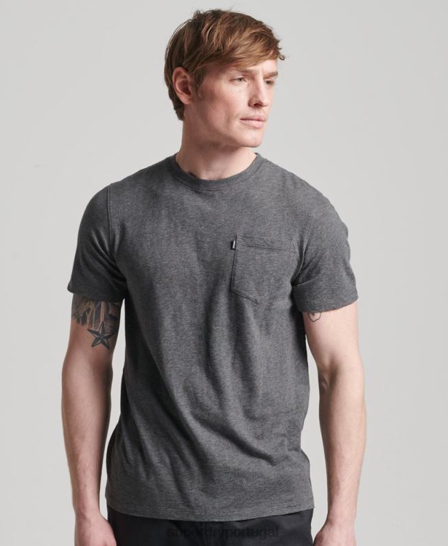 camiseta gola redonda de algodão orgânico com bolso homens cinza escuro roupas Superdry 2208H4910