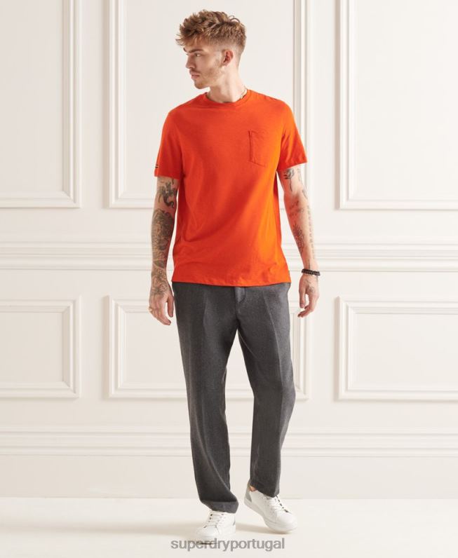 camiseta gola redonda de algodão orgânico com bolso homens laranja roupas Superdry 2208H4859