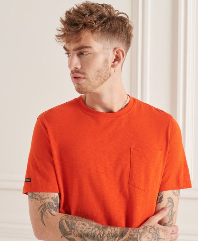 camiseta gola redonda de algodão orgânico com bolso homens laranja roupas Superdry 2208H4859