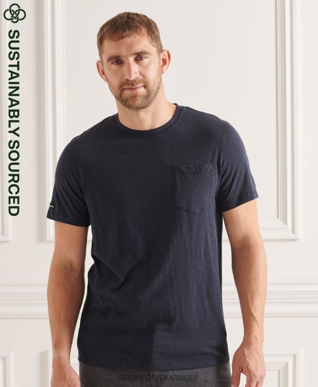 camiseta gola redonda de algodão orgânico com bolso homens marinha roupas Superdry 2208H4871