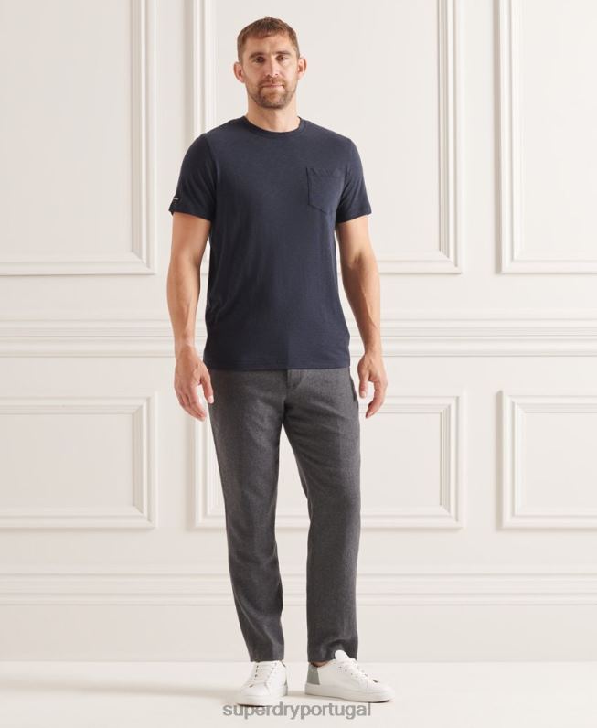 camiseta gola redonda de algodão orgânico com bolso homens marinha roupas Superdry 2208H4871