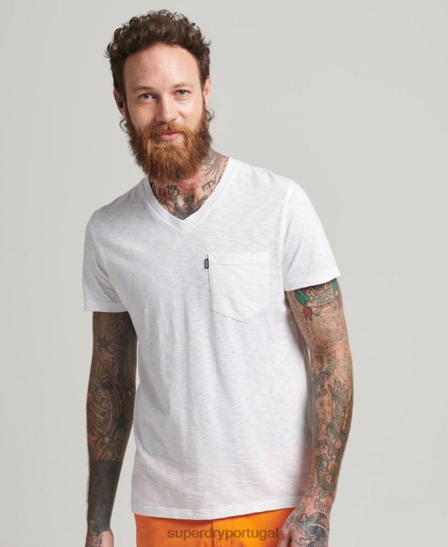camiseta gola v com bolso em algodão orgânico homens branco roupas Superdry 2208H4916