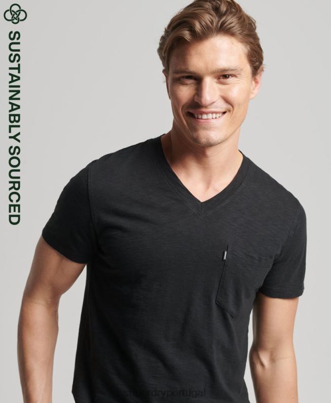 camiseta gola v com bolso em algodão orgânico homens preto roupas Superdry 2208H4939