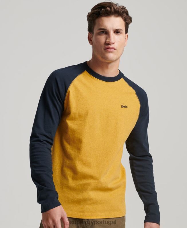 top de beisebol de manga comprida essencial de algodão orgânico homens amarelo roupas Superdry 2208H1484