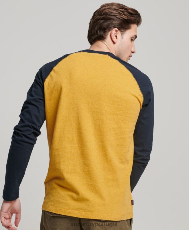 top de beisebol de manga comprida essencial de algodão orgânico homens amarelo roupas Superdry 2208H1484