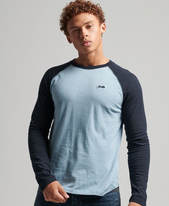 top de beisebol de manga comprida essencial de algodão orgânico homens azul roupas Superdry 2208H1583