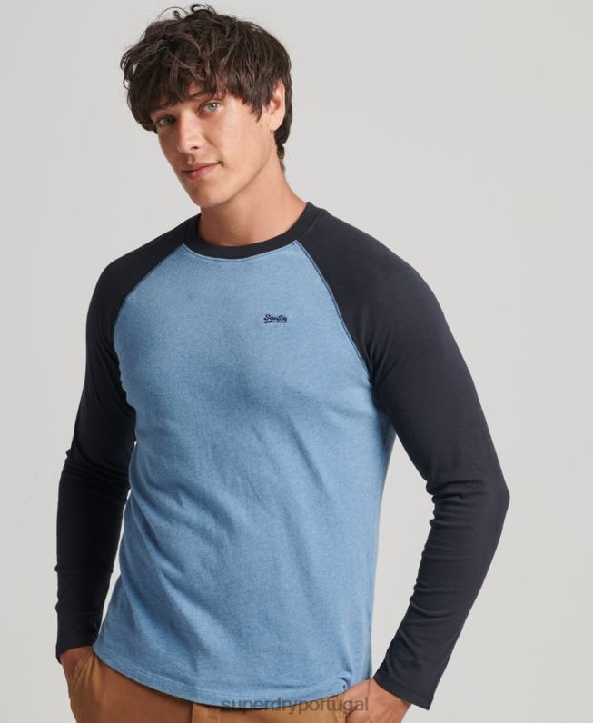 top de beisebol de manga comprida essencial de algodão orgânico homens azul roupas Superdry 2208H6370